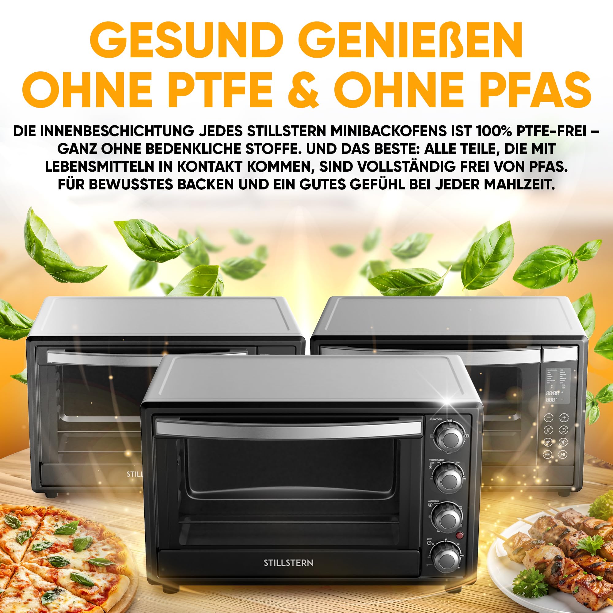 Stillstern Minibackofen mit Umluft (35L) DE Version, Pizza Ø28cm, NEU: CYCLONE PRO+ (Antihaftbeschichtung), 13 Programme, Auftauen&Warmhalten, 8h Timer, Rezeptheft, Mini Backofen Pizzaofen Grill